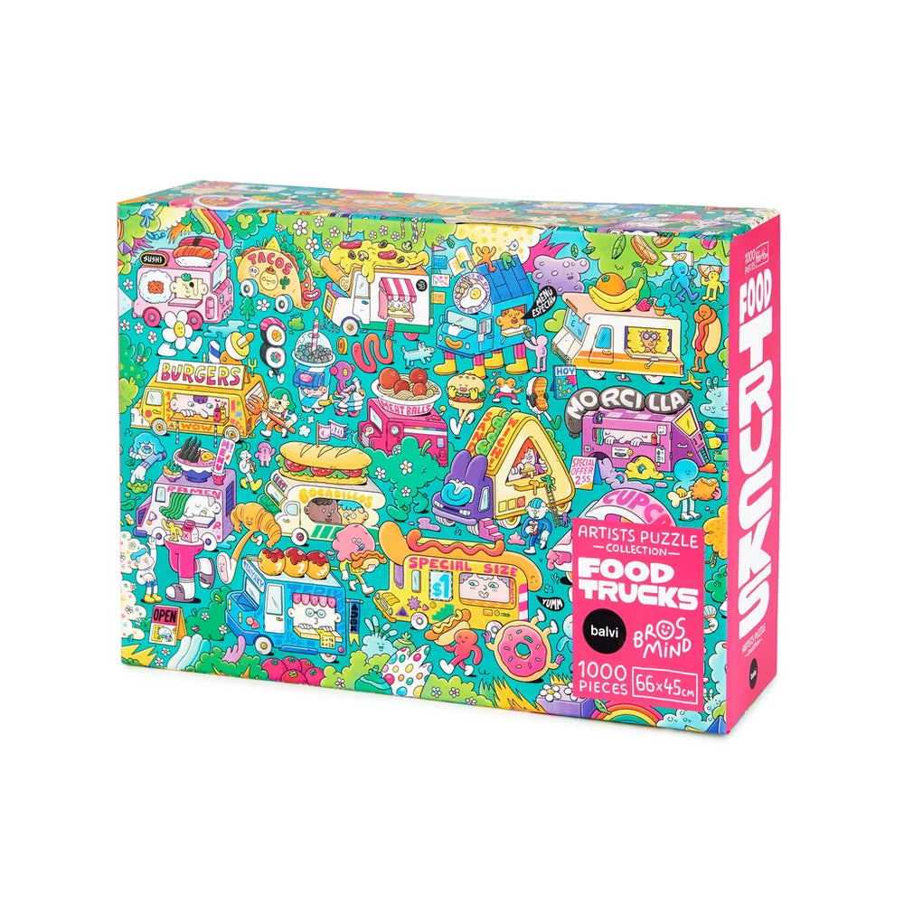 caja del puzzle food trucks de balvi en colaboración con brosmind de 1000 piezas con ilustraciones de camiones de comida y streetfood