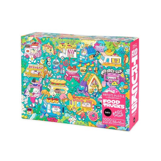 caja del puzzle food trucks de balvi en colaboración con brosmind de 1000 piezas con ilustraciones de camiones de comida y streetfood