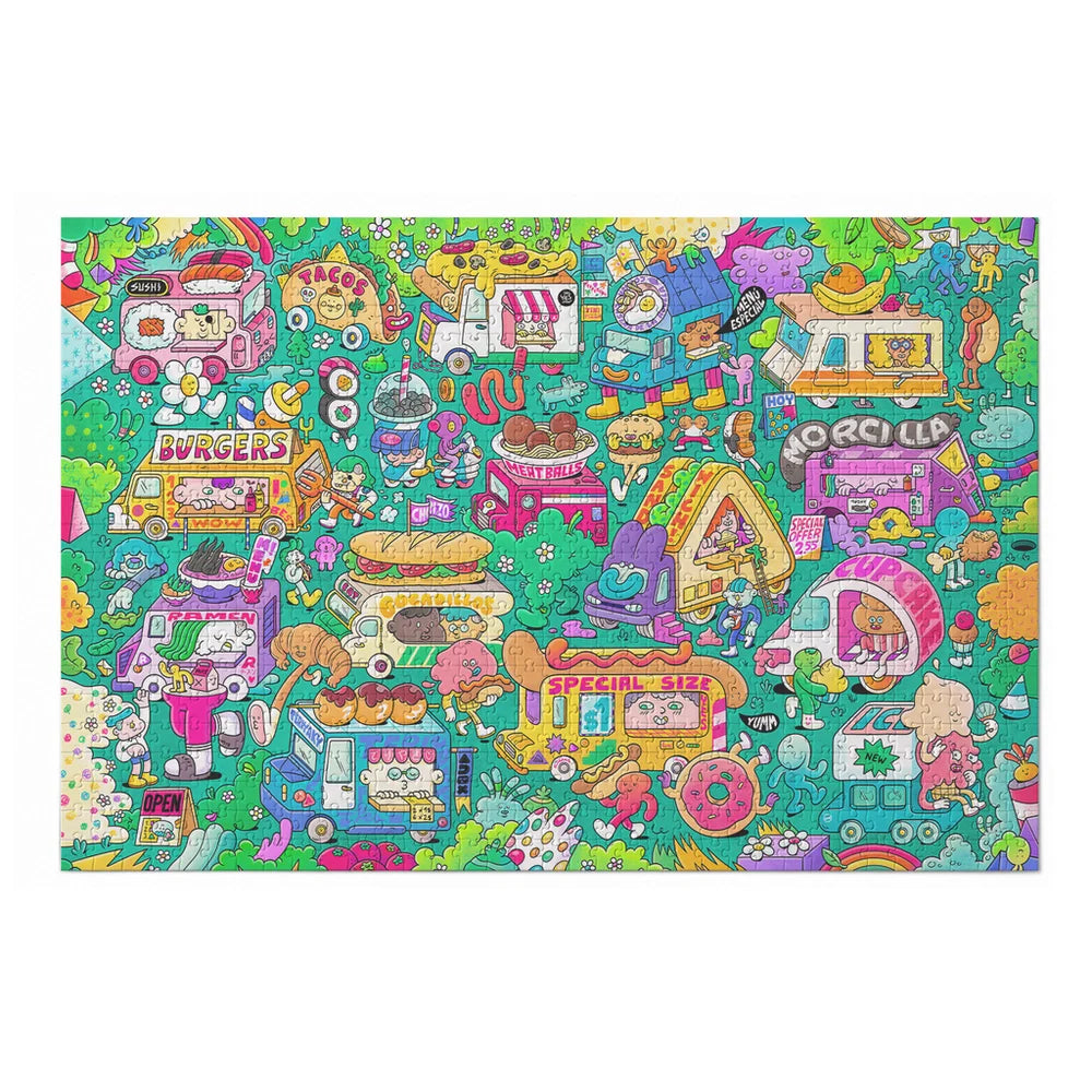 puzzle de balvi food trucks con ilustraciones de furgonetas de comida y street food