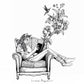 dibujo de una chica con cara y orejas de gato sentada en un sofá y leyendo un libro mientras flores y plantas brotan del libro