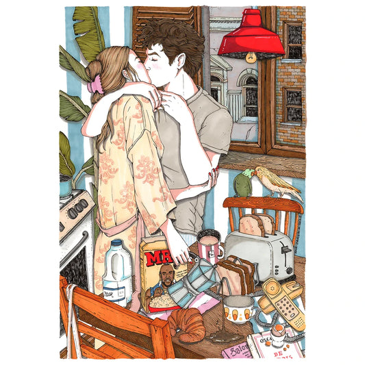 ilustración de la artista Ana Jarén con dos personas dándose un beso frente a una mesa de desayuno en la cocina