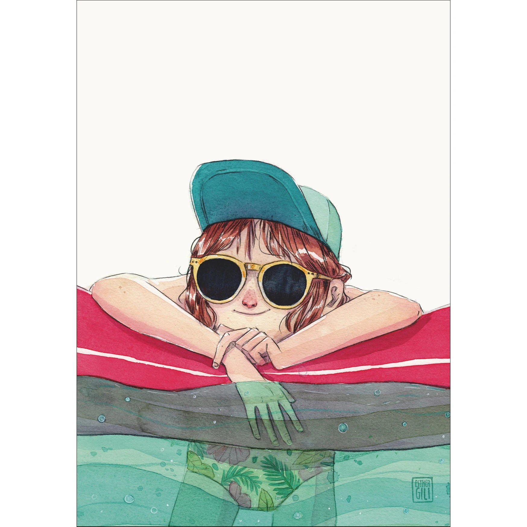 Postal con ilustración de Esther Gili de una niña con gafas de sol y gorra en el agua agarrada a una colchoneta