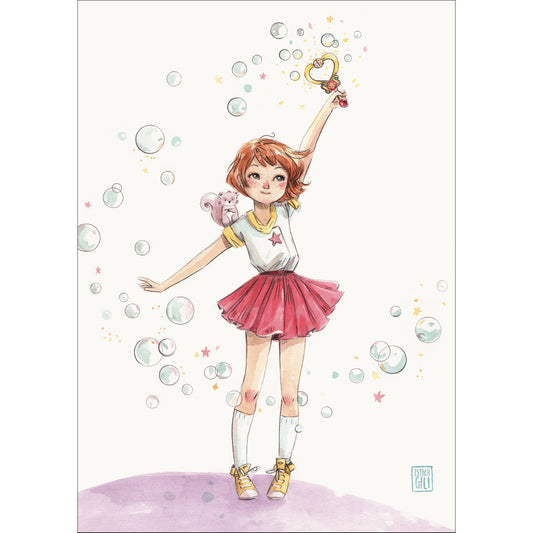 Postal de Esther Gili con ilustración de la protagonista del anime Magical Ami y su ardilla