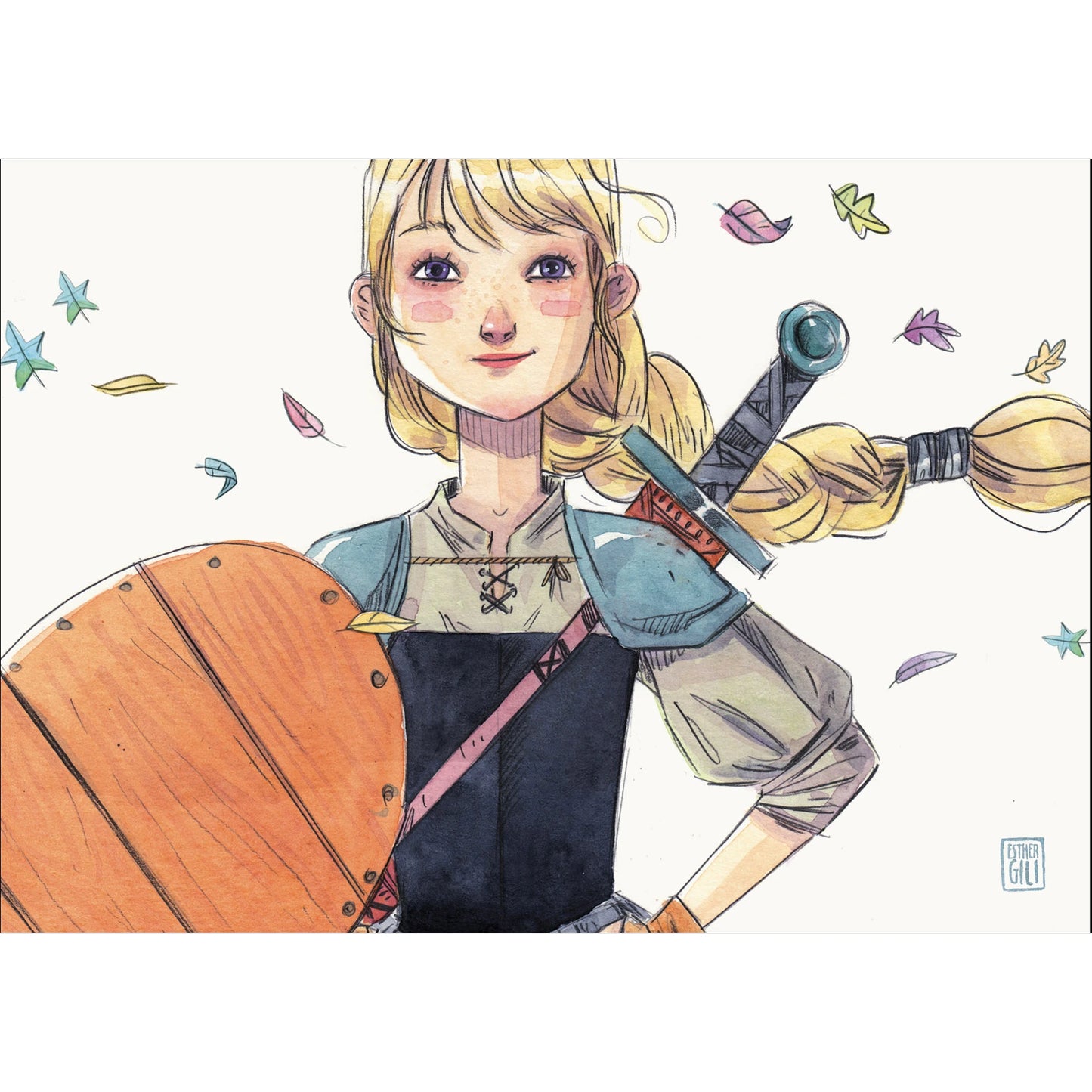 Postal con ilustración de Esther Gili de la bella durmiente con una espada y un escudo