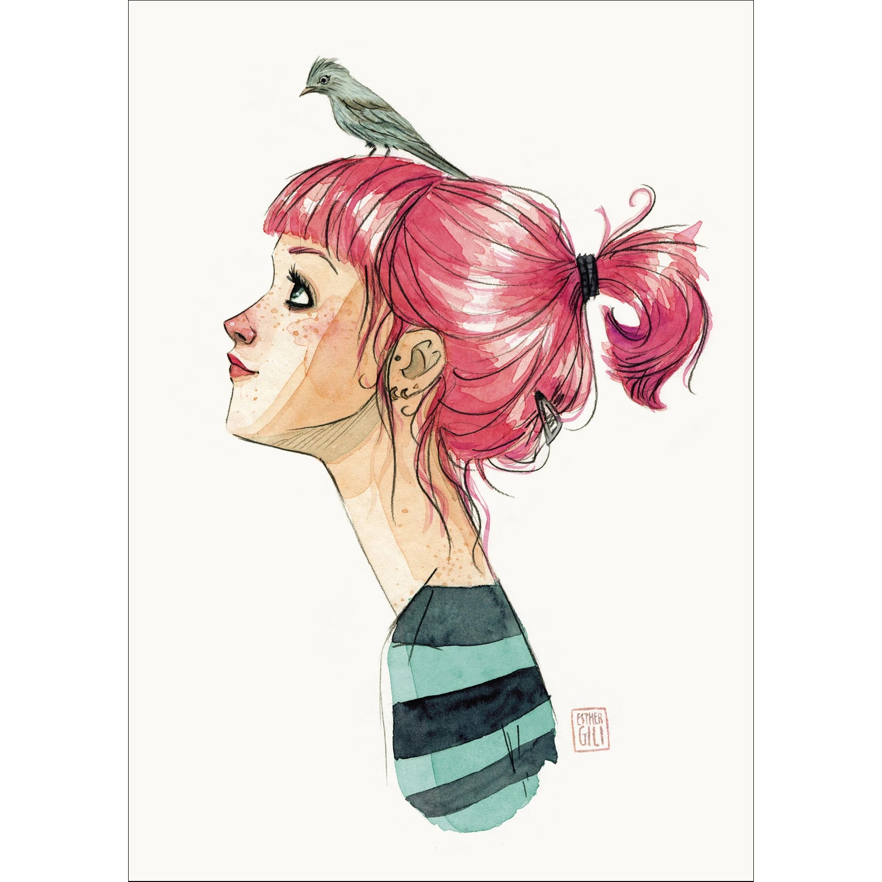 Postal con la ilustración de Esther Gili Pájaros en la cabeza