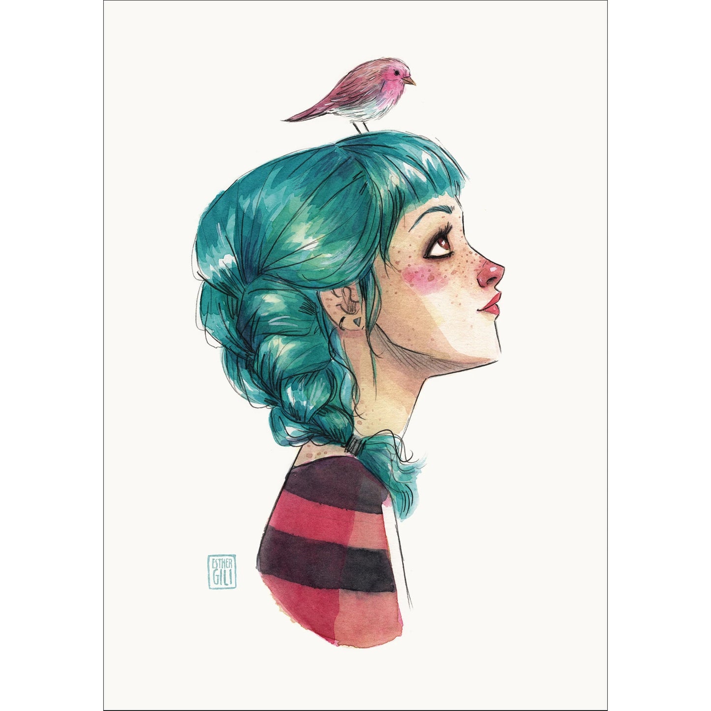 Postal con ilustración de Esther Gili Sarah y Finch de una chica con un pájaro rosa en la cabeza