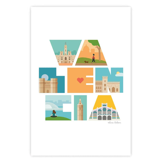 postal de elisa talens con el texto Valencia y edificios emblematicos de fondo