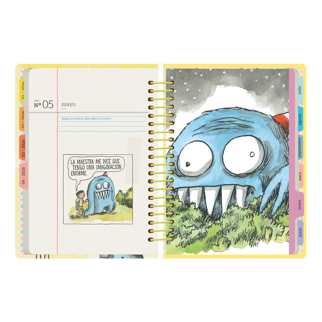 Portadilla del mes de mayo de la agenda semanal 2026 Frase Célebre de Macanudo por el ilustrador Liniers