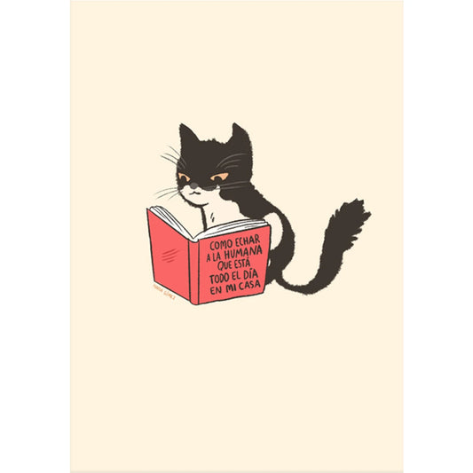 Ilustración de la artista maría Gómez de su gato Cat Stevens leyendo un libro de título Cómo echar a la humana que está todo el día en mi casa