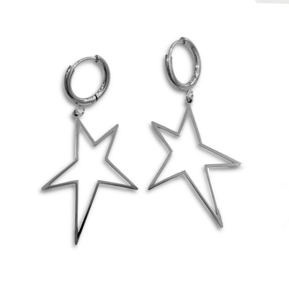 pendientes de arete en forma de silueta de estrella con una punta más larga de acero inoxidable en plateado