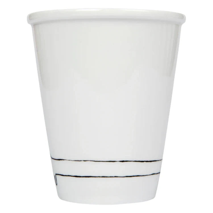 taza de porcelana blanca con el dibujo del cuerpo de un teckel dando la vuelta a la taza