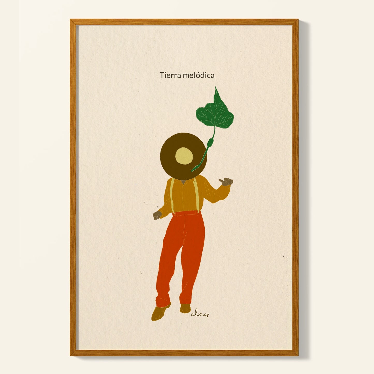 Print enmarcada Tierra Melódica de la ilustradora Alera Vida con una persona bailando con su cara escondida por un gorro y una hoja verde saliendo del gorro