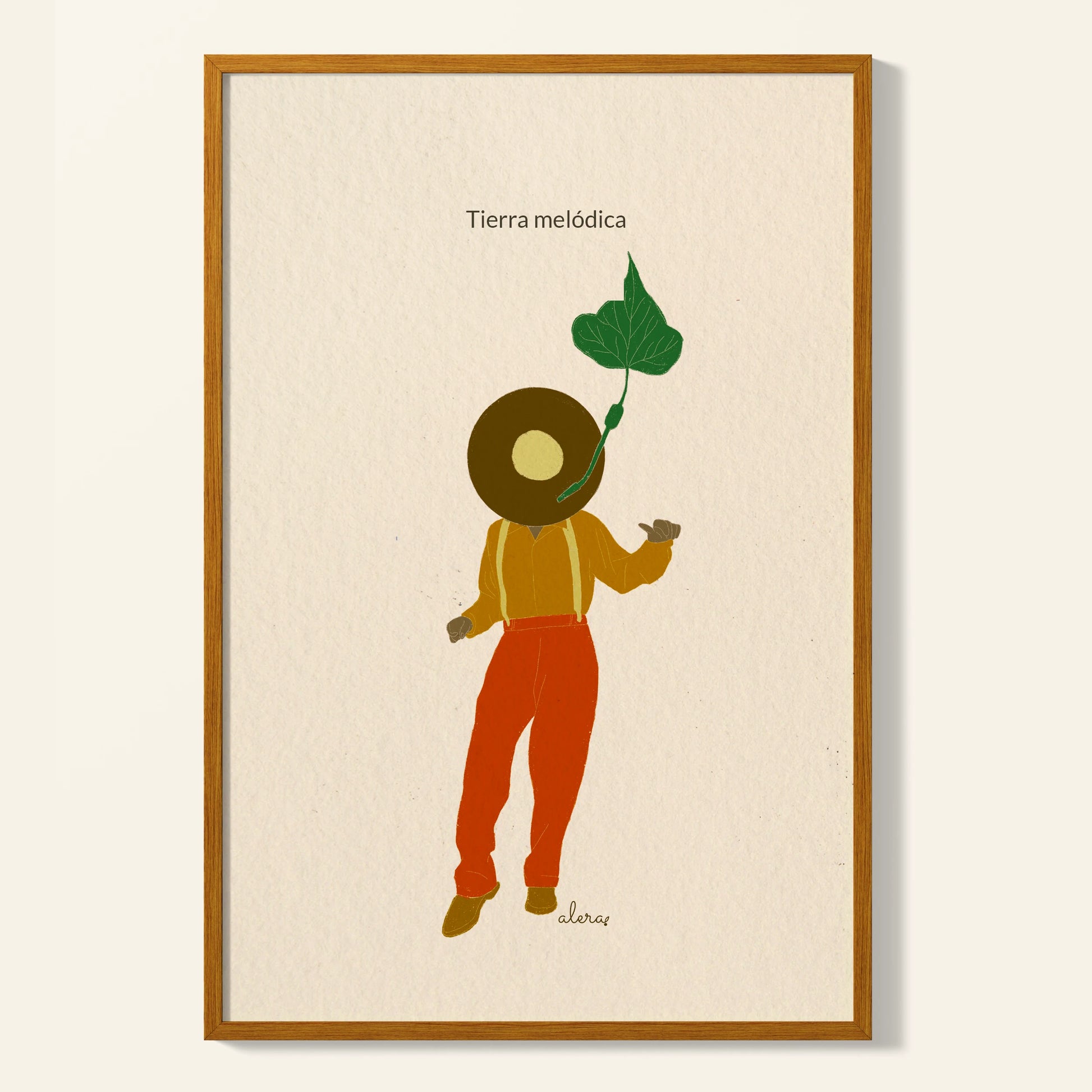 Print enmarcada Tierra Melódica de la ilustradora Alera Vida con una persona bailando con su cara escondida por un gorro y una hoja verde saliendo del gorro