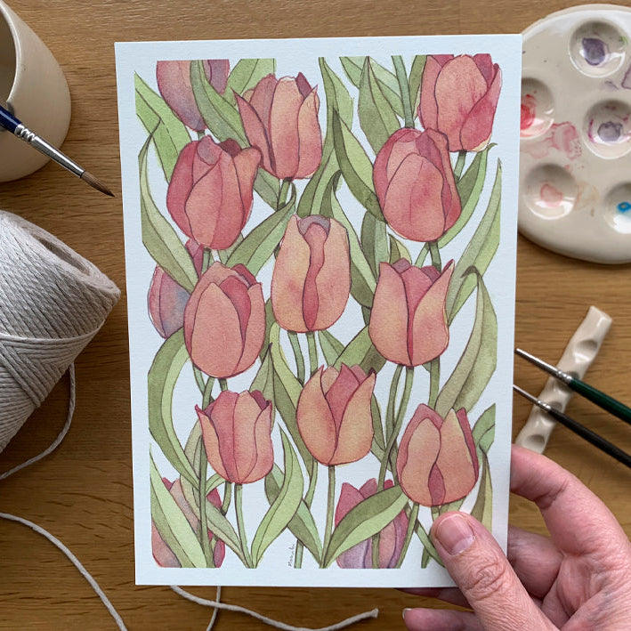 Print con ilustración de tulipanes naranjas en acuarela dibujada por Marialu Gili
