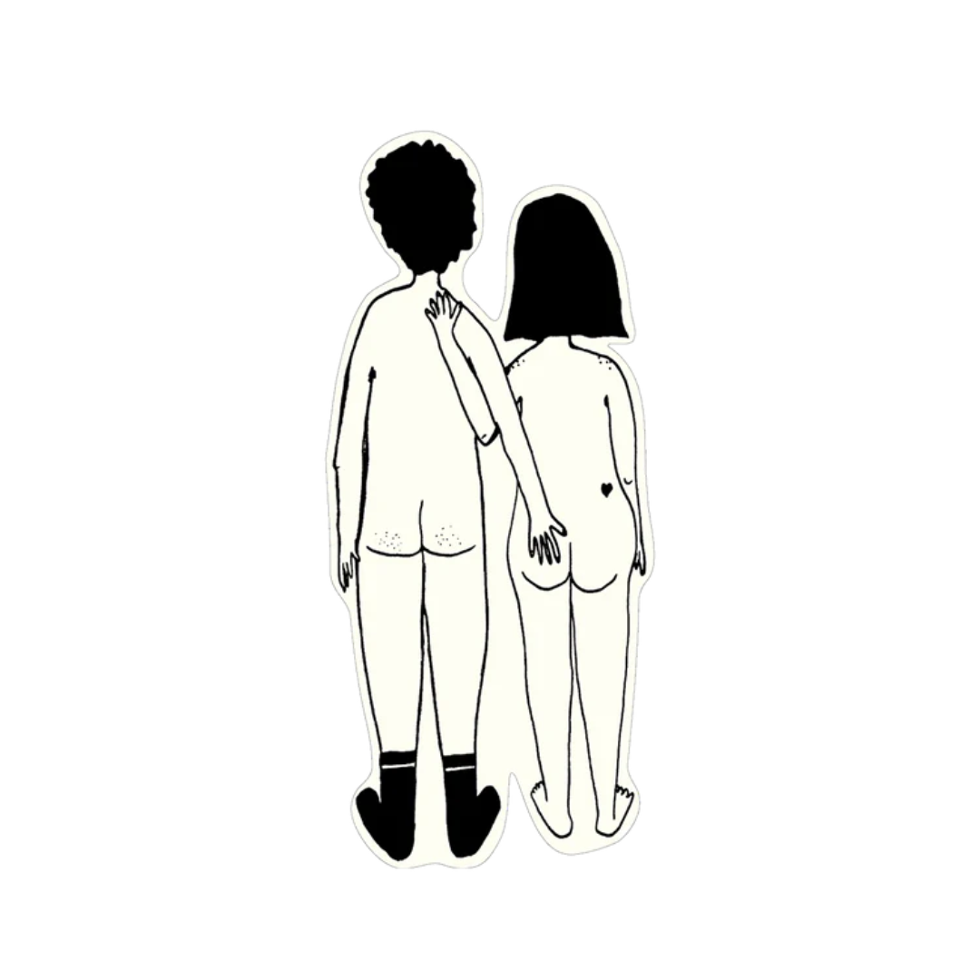 Pegatina de una chica y un chico desnudos de espaldas con el chico apoyando la mano en el culo de la chica 