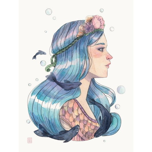Ilustración de chica de perfil con el pelo azul y peces alrededor y corona de flores de Esther Gili