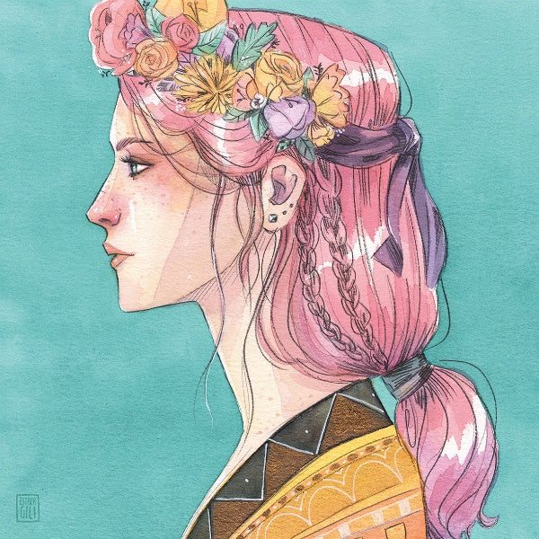 Iustración de Esther Gili de una chica de perfil con el pelo rosa y una corona de flores en la cabeza