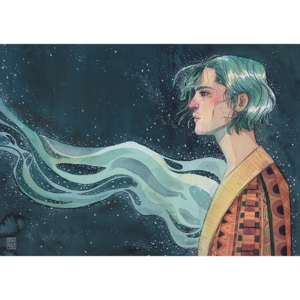 Ilustración de perfil de hombre con el pelo azul y la mirada fija y penetrante sobre un fondo de cielo nocturno obra de la ilustradora Esther Gili