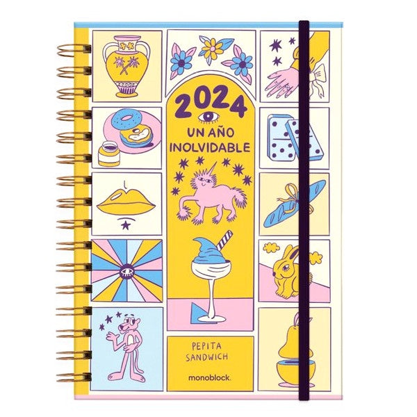 Portada de la agenda 2024 de Pepita Sandwich con organización a semana vista con diferentes ilustraciones divertidas en amarillo, azul y rosa