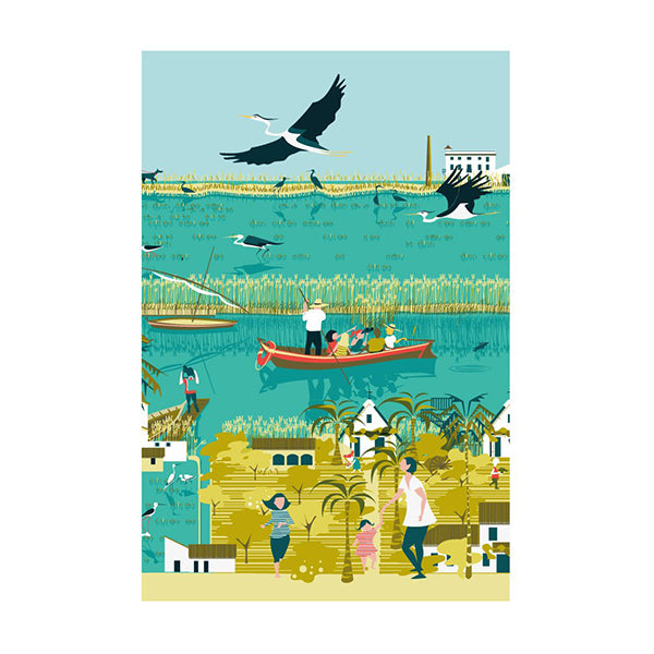 Postal de la albufera de Valencia con ilustración en la que aparecen muchas garzas y otras aves, una barca con un barquero y más visitantes, y una barraca