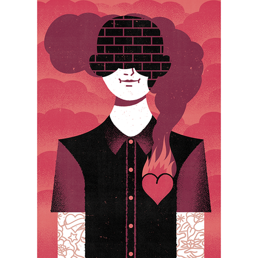 Ilustración de Joan Alturo de una persona con el corazón en llamas y humo tapando su cara, a través del que se ve una pared de ladrillos