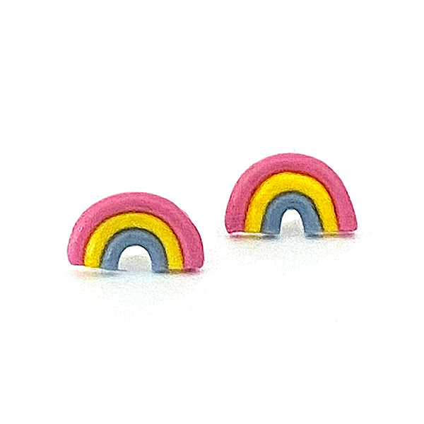Pendientes de arcilla polimérica con forma de arcoiris rosa, amarillo y azul