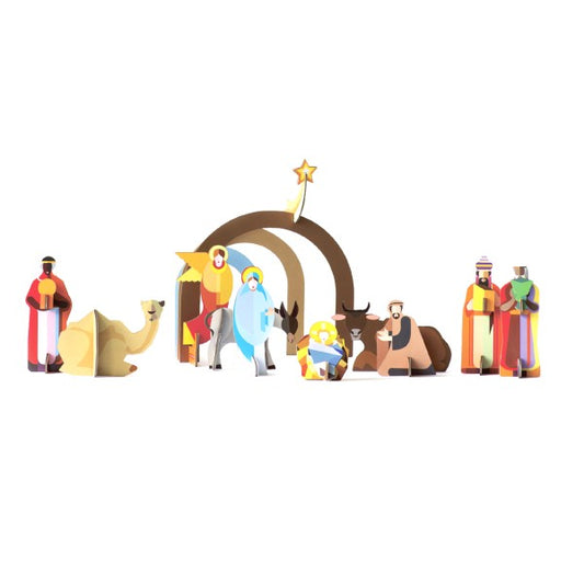 Belén montable de cartón con portal, maría, josé, niño jesús los tres reyes magos, mula, buey, camello y ángel