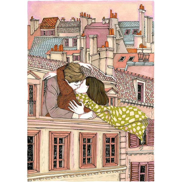 Ilustración de ana jarén de una pareja besándose por fuera de una ventana con fondo de tejados y chimeneas