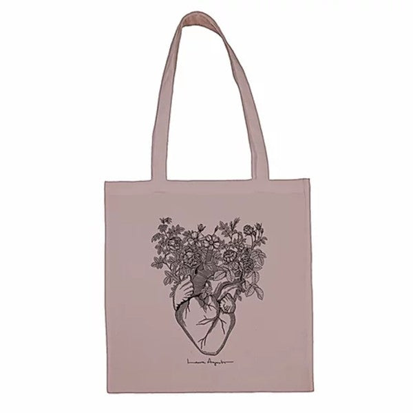 Bolsa de tela con un corazón anatómico del que salen flores