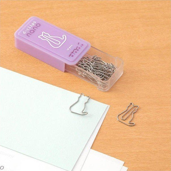 Caja de clips con forma de gato abierta con tapa deslizante junto a unos folios unidos por uno de los clips