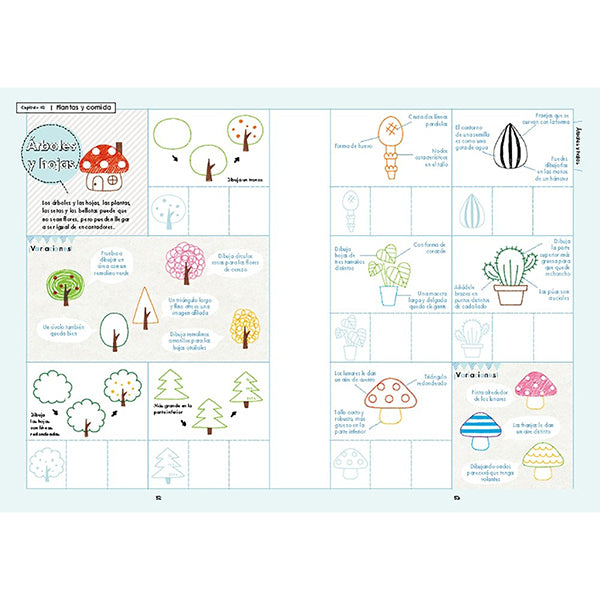 Páginas interiores del libro Dibújalo todo con instrucciones para dibujar árboles y hojas