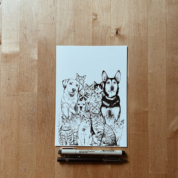 Print Family de Laura Agustí de un grupo de 3 perros y 11 gatos tamaño A5