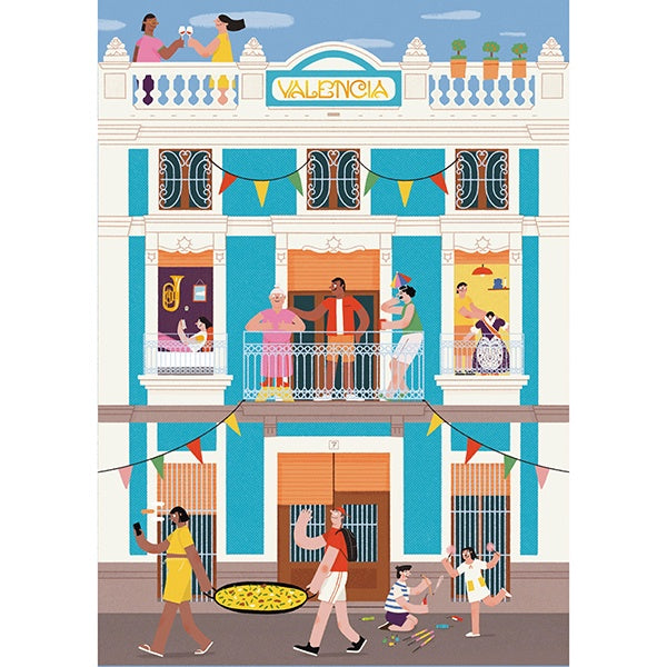 Postal de la fachada de un edificio modernista de Valencia con unas personas llevando una paella, niños jugando con petardos, personas tomando algo en el balcón o sacando el traje de fallera.