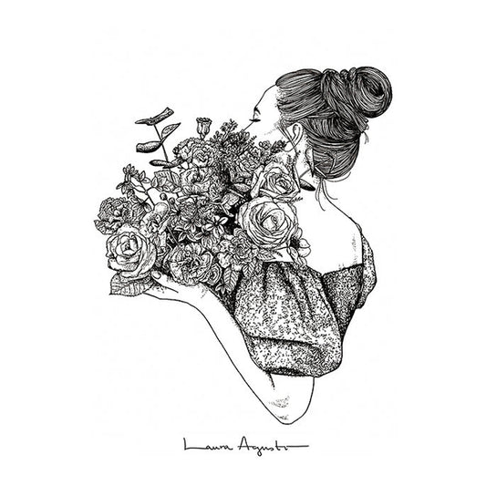 Ilustración en blanco y negro de una mujer de perfil con el pelo recogido y un gran ramo de rosas y otras flores