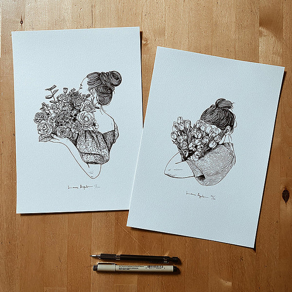 Ilustraciones en blanco y negro de una mujer de perfil con el pelo recogido y un gran ramo de rosas y otras flores