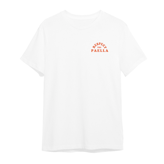 Parte frontal de la camiseta Respect the paella con texto en naranja