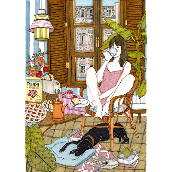 Ilustración de Ana Jarén con una chica desayunando delante de una ventana y su perro al lado