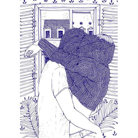 Ilustración a bolígrafo azul con una pareja besándose por debajo de un jersey de lana