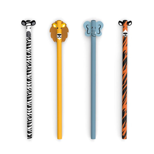 Pack de 4 lápices con forma y orejitas de animales de la selva: cebra, león, elefante y tigre
