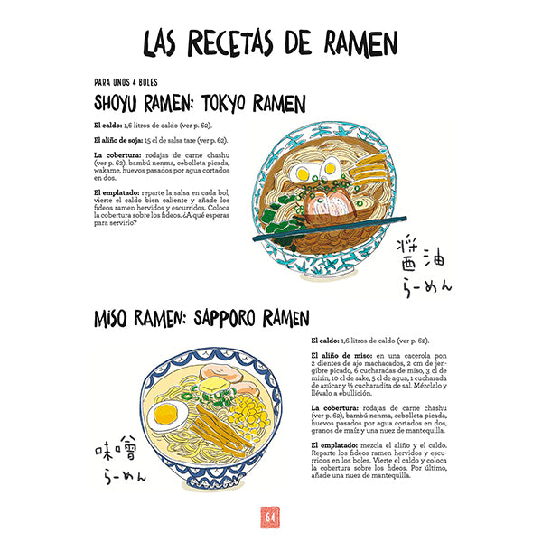 Página ilustrada del libro de cocina japonesa con varios tipos de ramen