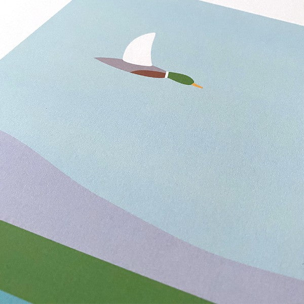 Detale de la ilustración de Elisa Talens La Albufera de Valencia con un pato sobre cielo azul