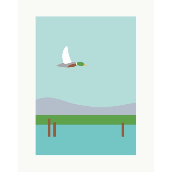 Ilustración de Elisa Talens La Albufera de Valencia con un pato sobre cielo azul
