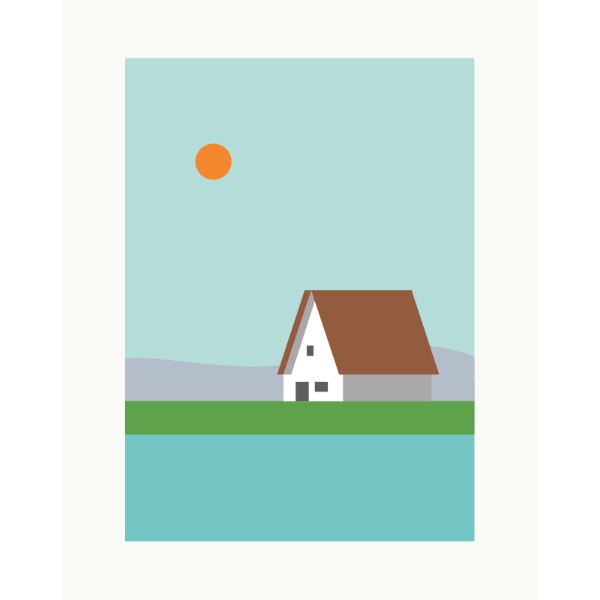 Ilustración de Elisa Talens de una Barraca de la huerta valenciana con el sol naranja sobre el cielo