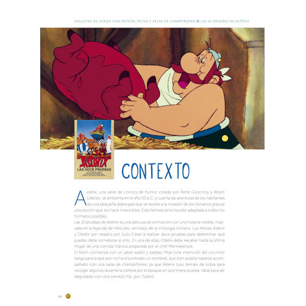 Página del libro Las recetas del mundo en las pelis de animación con un fotograma de la peli de Astérix y Obélix en la que sale Obélix comiéndose un jabalí asado y la explicación del contexto de la receta