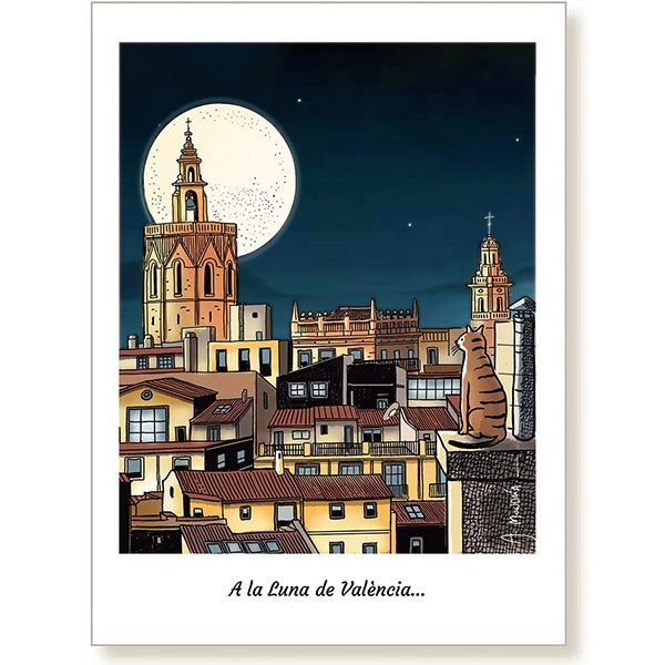 Ilustración de Valencia donde se ven los tejados de la ciudad con el campanario, un gato y la luna de fondo.