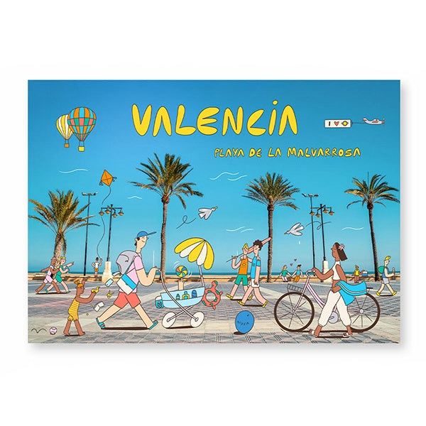 Postal con la imagen del paseo de la malvarrosa de Valencia con las ilustraciones de Diego Blanco