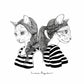 Ilustración de Laura Agustí en la que aparecen dos mujeres gata con camisetas de rayas y el pelo recogido en trenzas dándose la espalda