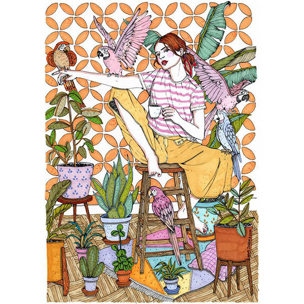 Chica en un taburete con pantalones amarillos tomando café rodeada de loros y macetas