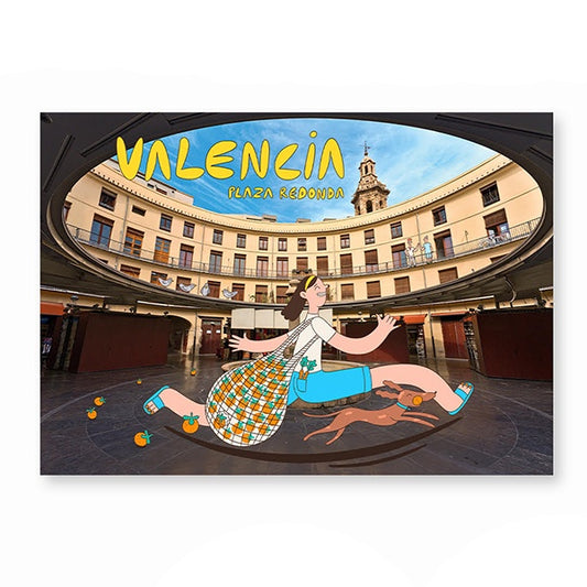 Postal con la imagen de la plaza redonda de Valencia con ilustración de Diego Blanco