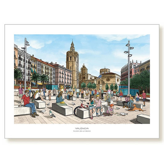 Ilustración de la Plaza de la Reina frente a la catedral de Valencia, con mucha gente sentada en los bancos, paseando o disfrutando.